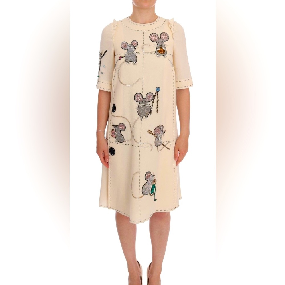 Super Cute Runway Inspired White Dress w/ Mouse Embroidery and Sequins